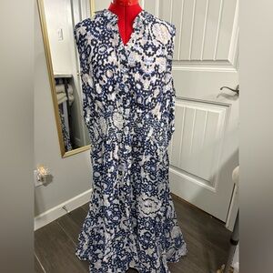 Chelsea & Theodore Peasant Maxi Dress Cotton Smocked Waist Blue White Boho Sz 3X